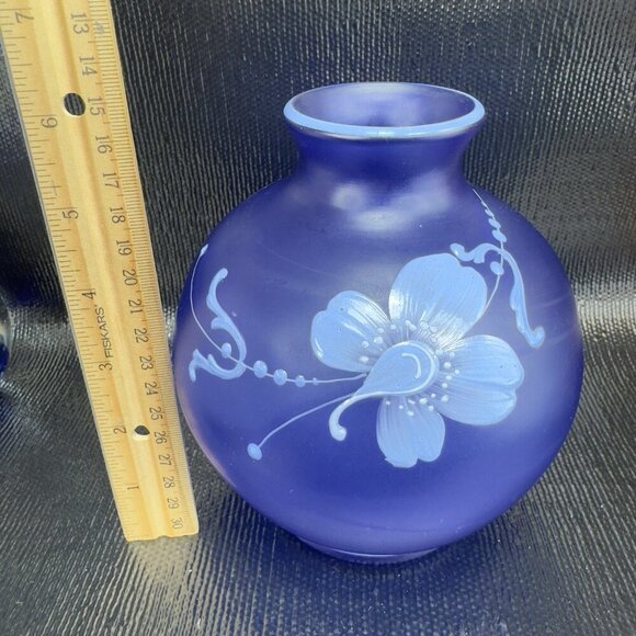 Vintage Bohemian Hand Blown Art Glass Enameled Flower Paint Vase Bowl Blue VTG - Picture 2 of 16